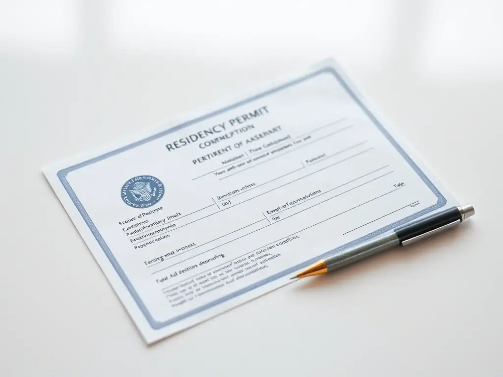 A photograph of a residency permit document, highlighting the official seal and important information, symbolizing the process of obtaining legal residency.